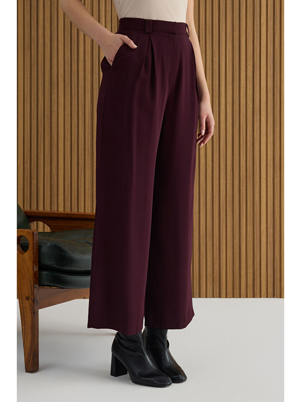 Bordo Rayon Viscon Pantolon-5