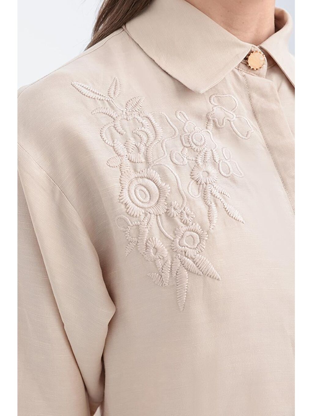 Bej-Nakışlı Keten Gömlek-4