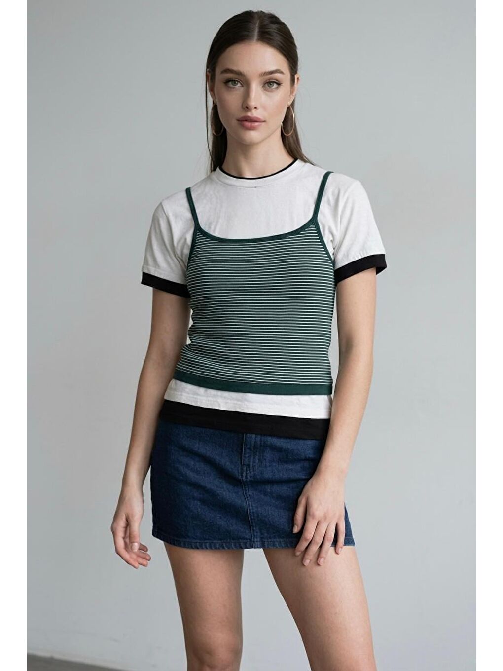 Yeşil Çizgili İkili Görünümlü Kadın Tişört Mg2699-3