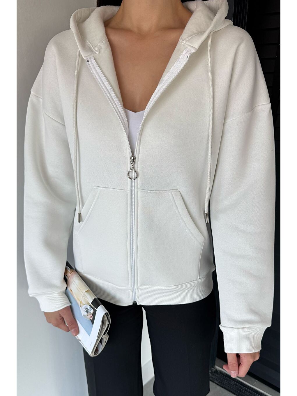 Ekru Kadın Üç İplik Şardonlu Kapüşonlu Sweatshirt