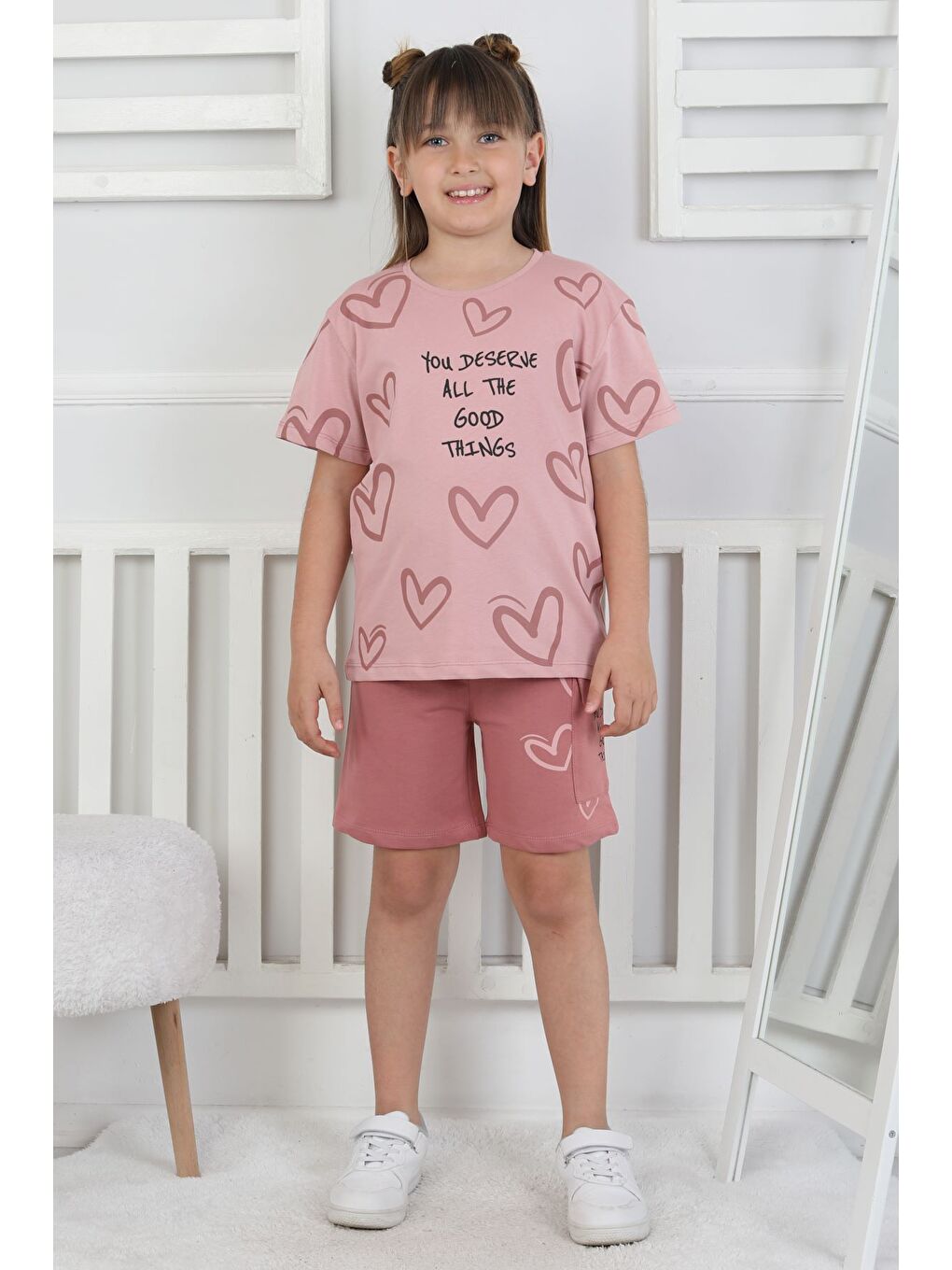 Pembe Good Things Kalp Desenli Kız Çocuk Üst Süprem Alt 2 İp Şort Takım