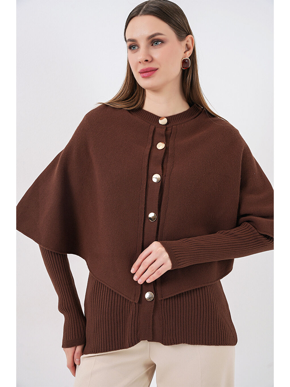 Kadın Pelerinli Triko Hırka 15967 - Kahverengi