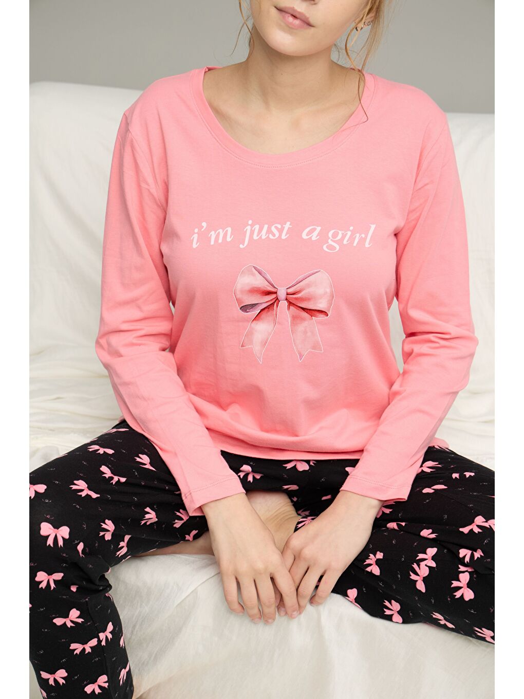 Pembe Somon Kurdele Desenli Pamuklu Bisiklet Yaka Örme Pijama Takım25241132-1