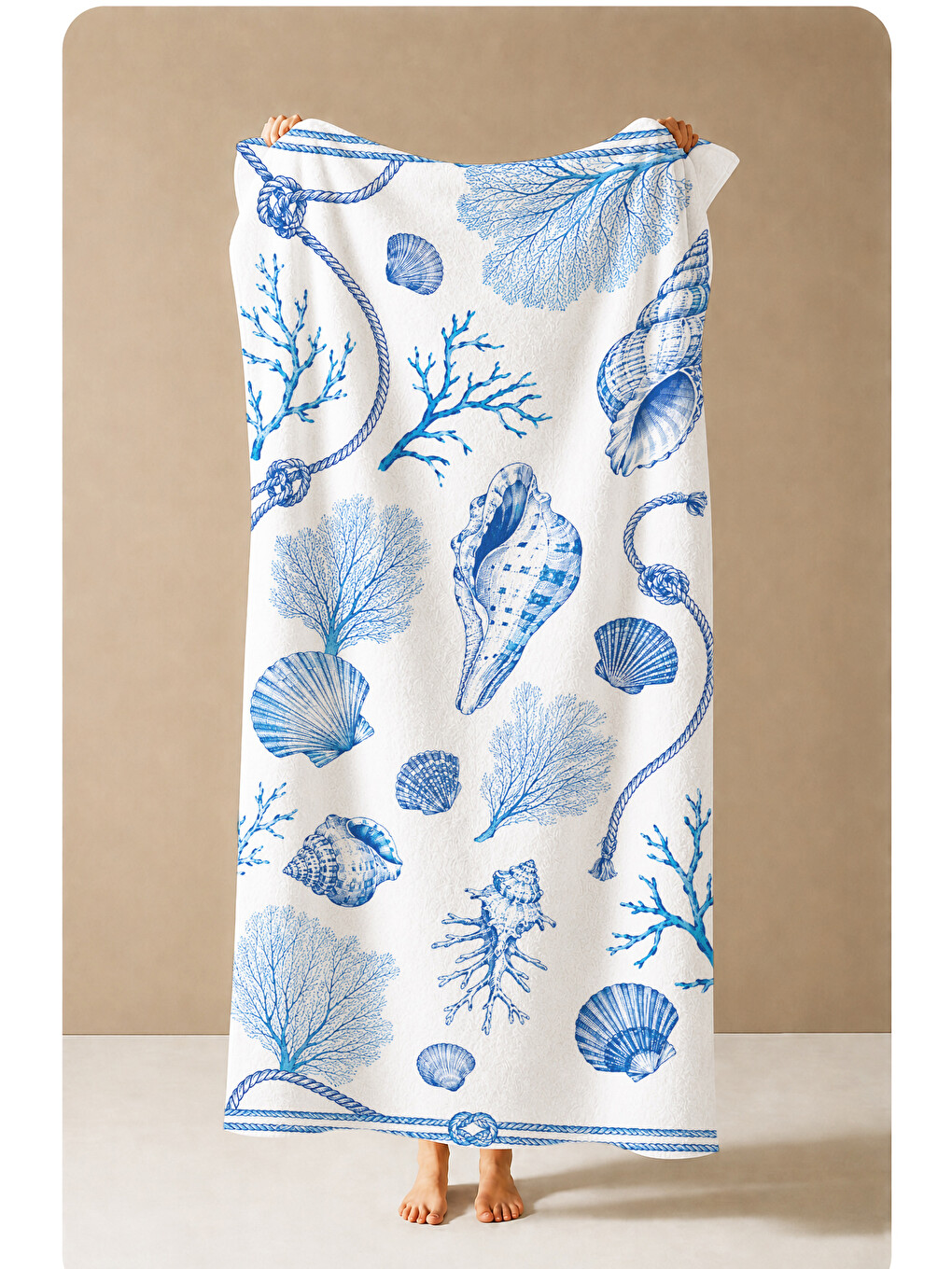 Toile De Jouy Mavi Deniz Kabuğu Ve Mercan Desenli 70x150 Plaj Havlusu - Pamuklu Banyo Havlusu-1