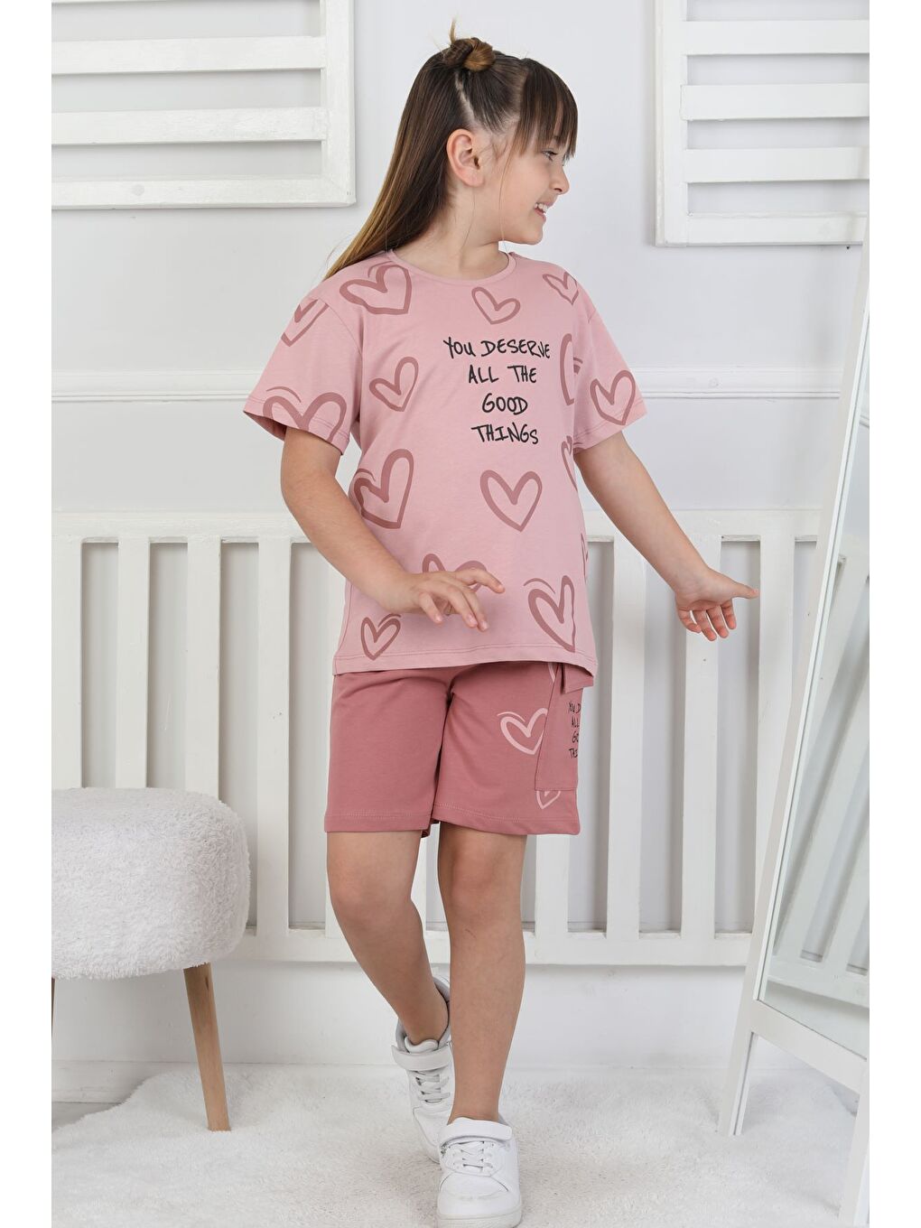 Pembe Good Things Kalp Desenli Kız Çocuk Üst Süprem Alt 2 İp Şort Takım-1