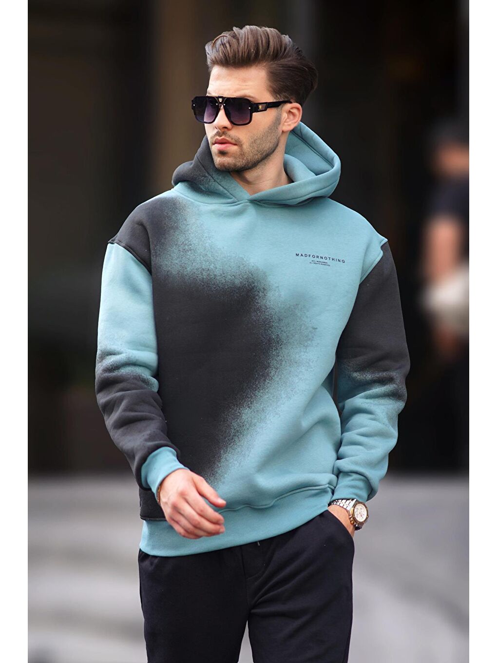 Madmext Mavi Baskılı Kapüşonlu Soluk Kumaşlı Oversize Erkek Sweatshirt 7051