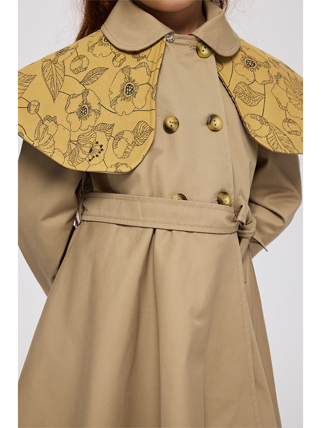 Kız Çocuk Düğmeli Bej Trençkot-5