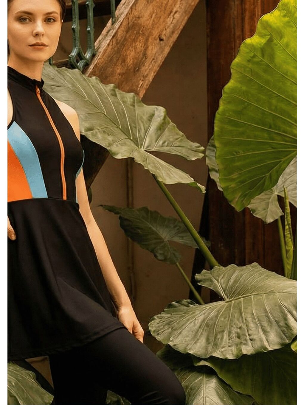 Siyah Yarı Kapalı Mayo - Turuncu Fermuar-2