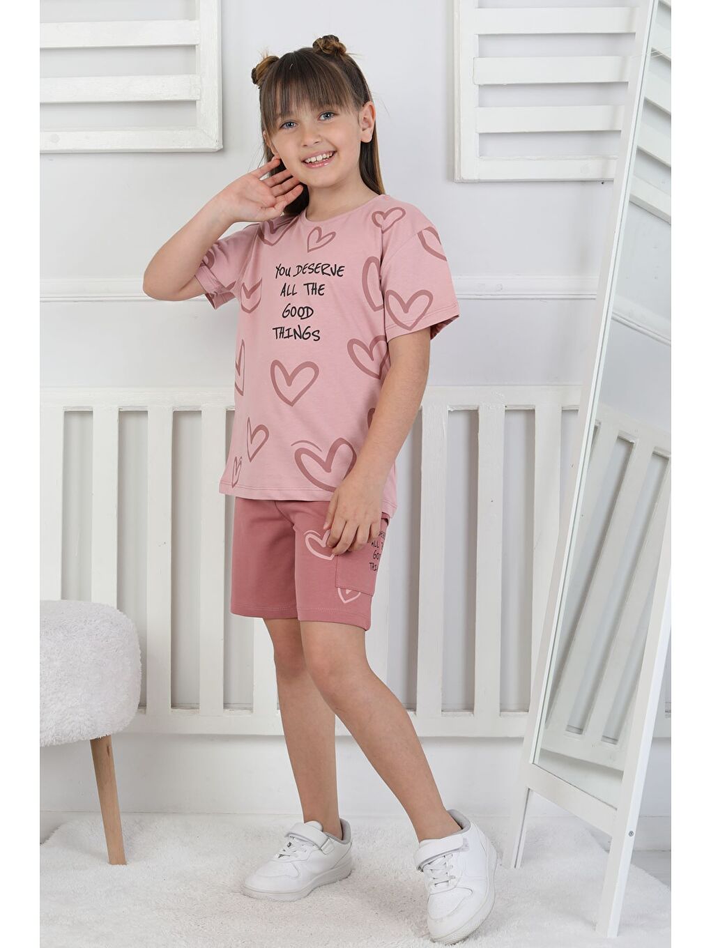Pembe Good Things Kalp Desenli Kız Çocuk Üst Süprem Alt 2 İp Şort Takım-2