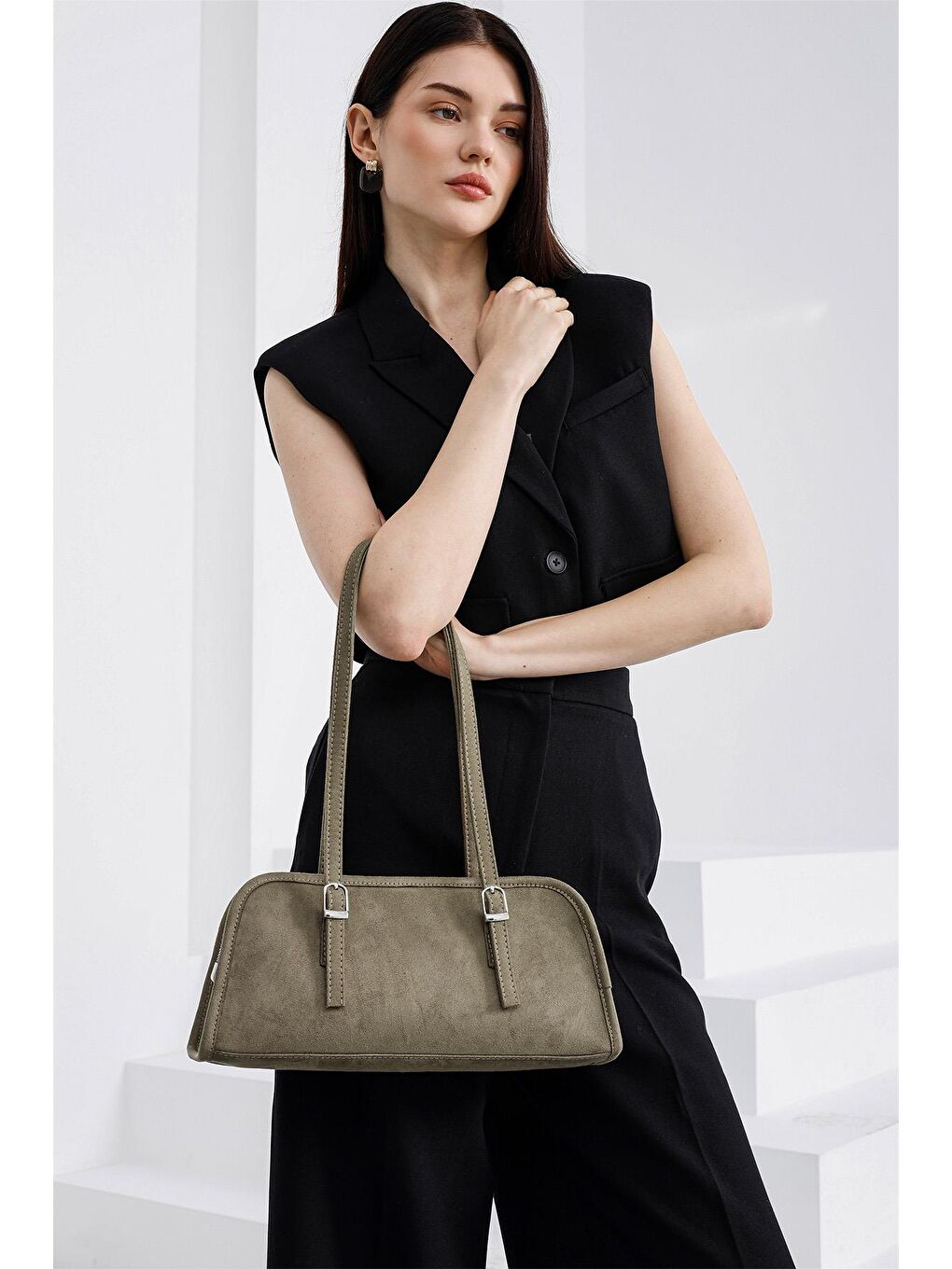 Bej Vanity Süet Baget Çanta Vizon-1