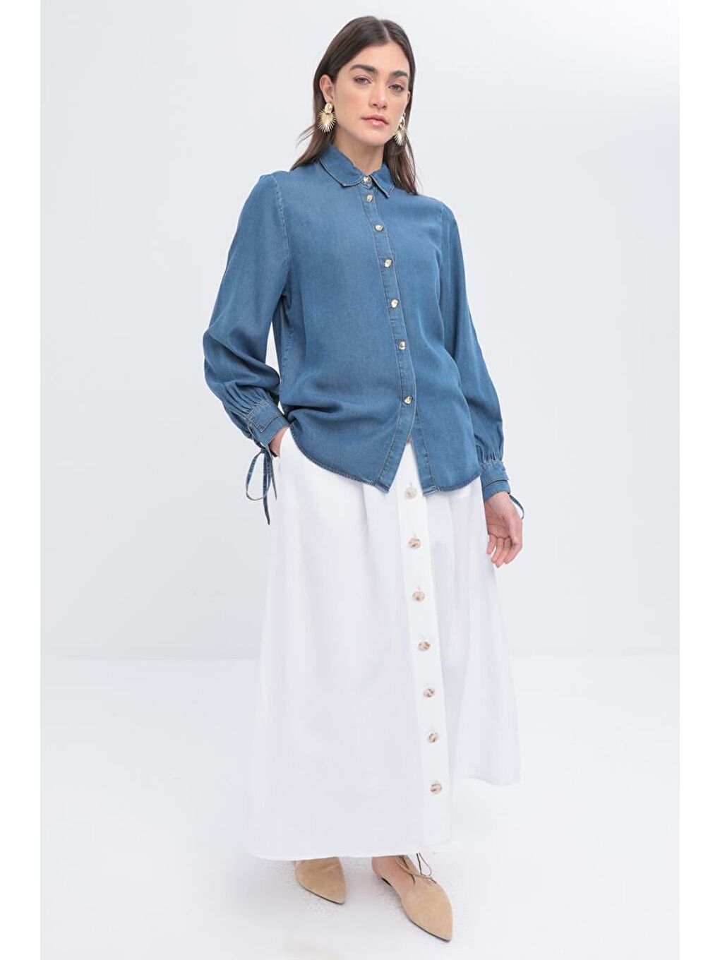 Kahverengi Açık Mavi-Kolu Bağcıklı Gömlek-2