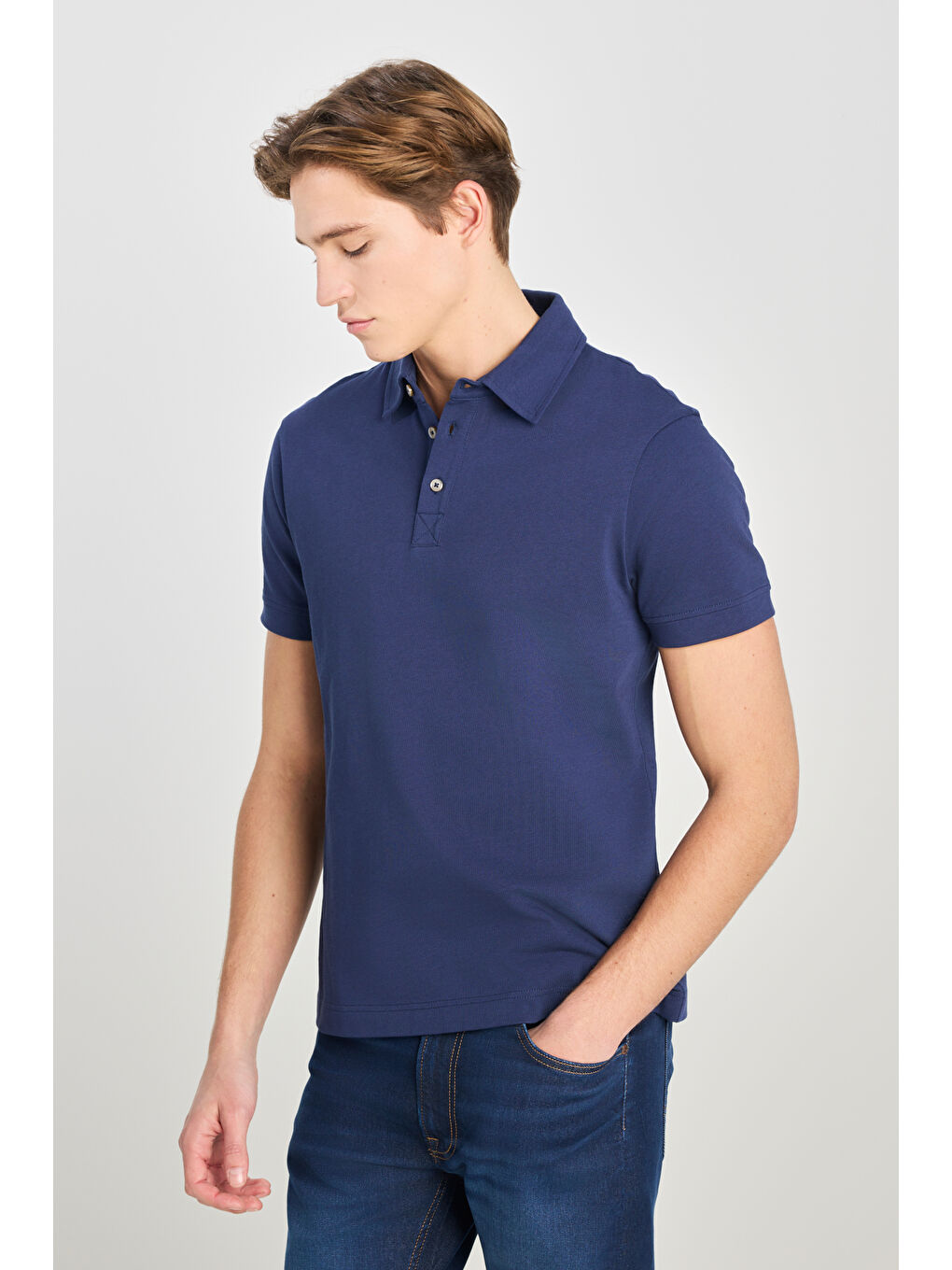 %100 Pamuk Regular Fit Normal Kesim Lacivert Polo Yaka Tişört-1