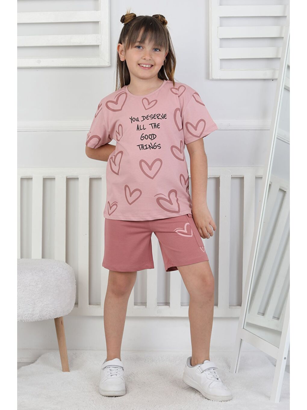 Pembe Good Things Kalp Desenli Kız Çocuk Üst Süprem Alt 2 İp Şort Takım-3