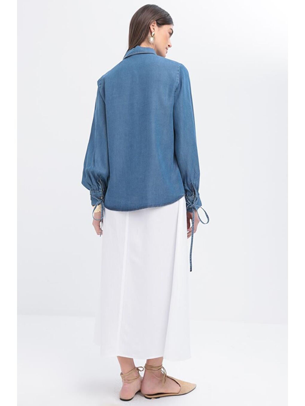 Kahverengi Açık Mavi-Kolu Bağcıklı Gömlek-4