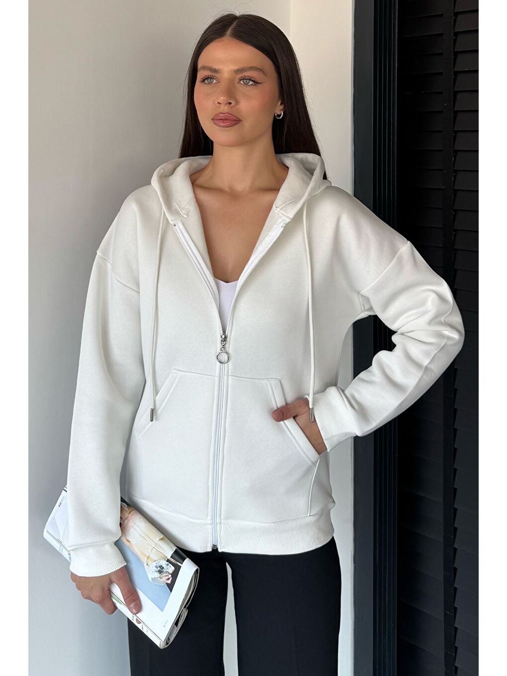 Ekru Kadın Üç İplik Şardonlu Kapüşonlu Sweatshirt-1