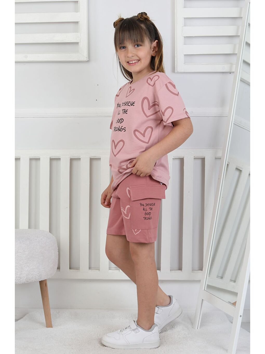 Pembe Good Things Kalp Desenli Kız Çocuk Üst Süprem Alt 2 İp Şort Takım-4