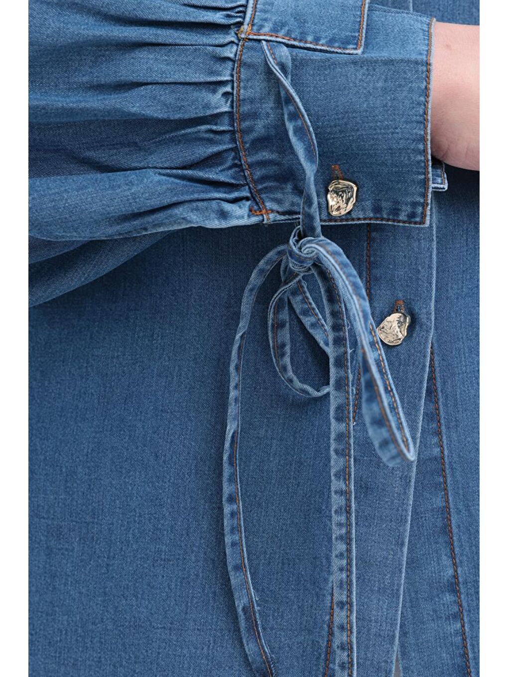 Kahverengi Açık Mavi-Kolu Bağcıklı Gömlek-5