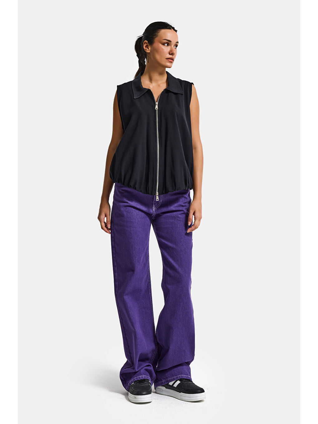 Kadın Siyah Renk s6-1 Balon Kesim Fermuarlı Bol Kesim Kumaş Yelek-1