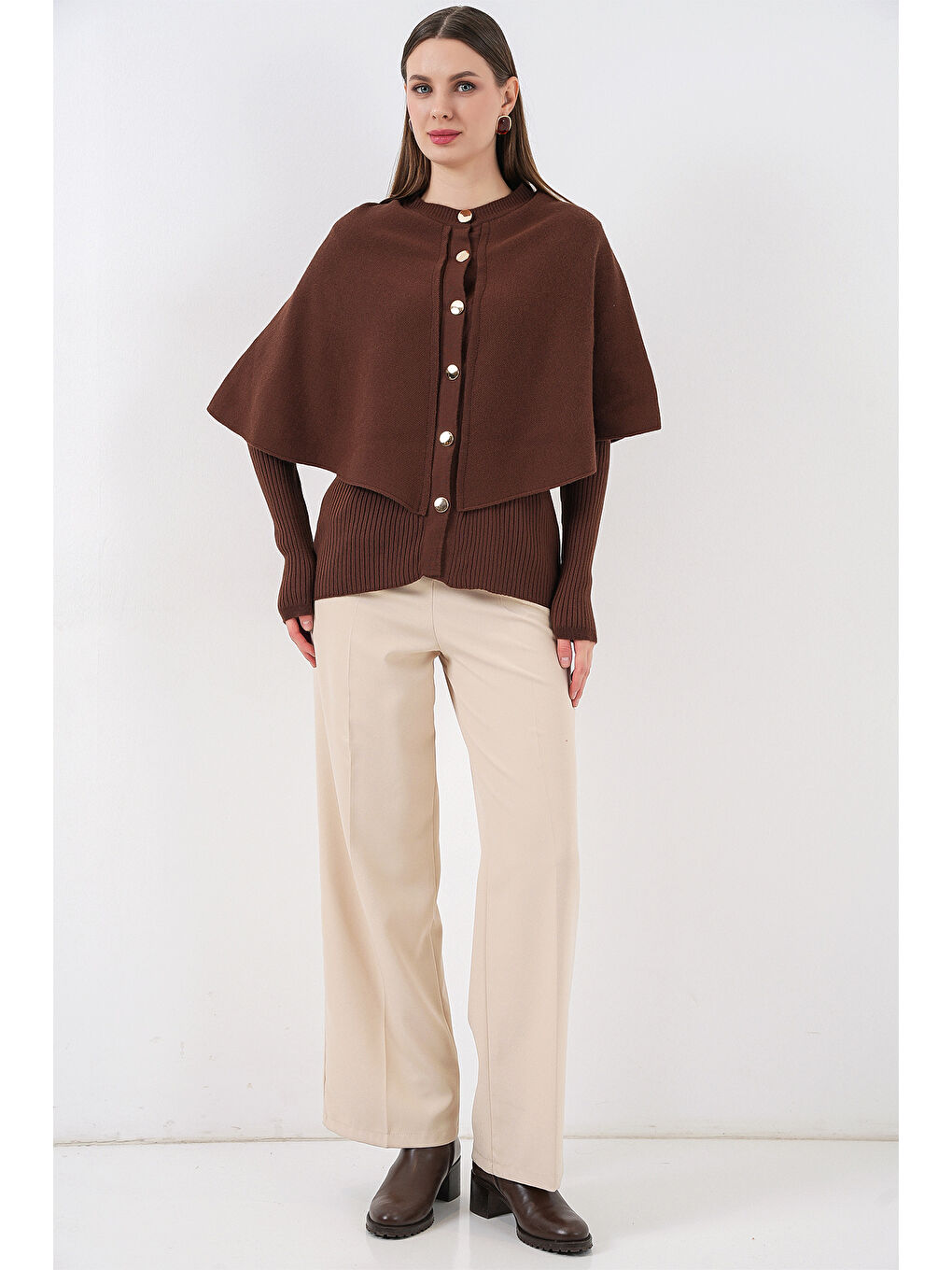 Kadın Pelerinli Triko Hırka 15967 - Kahverengi-1