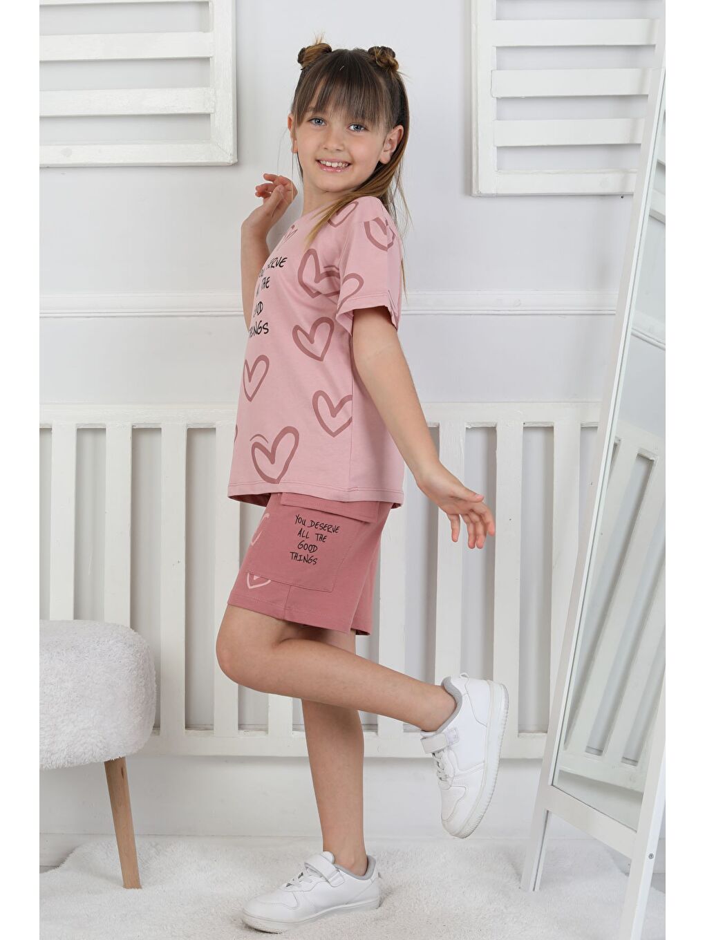 Pembe Good Things Kalp Desenli Kız Çocuk Üst Süprem Alt 2 İp Şort Takım-5