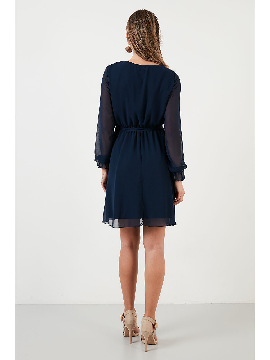 Lacivert Kruvaze Yaka Bağlama Detaylı Şifon Mini Kadın Elbise 6051467-5