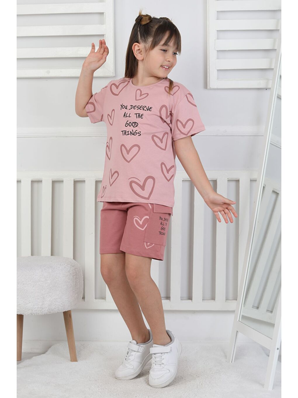 Pembe Good Things Kalp Desenli Kız Çocuk Üst Süprem Alt 2 İp Şort Takım-6
