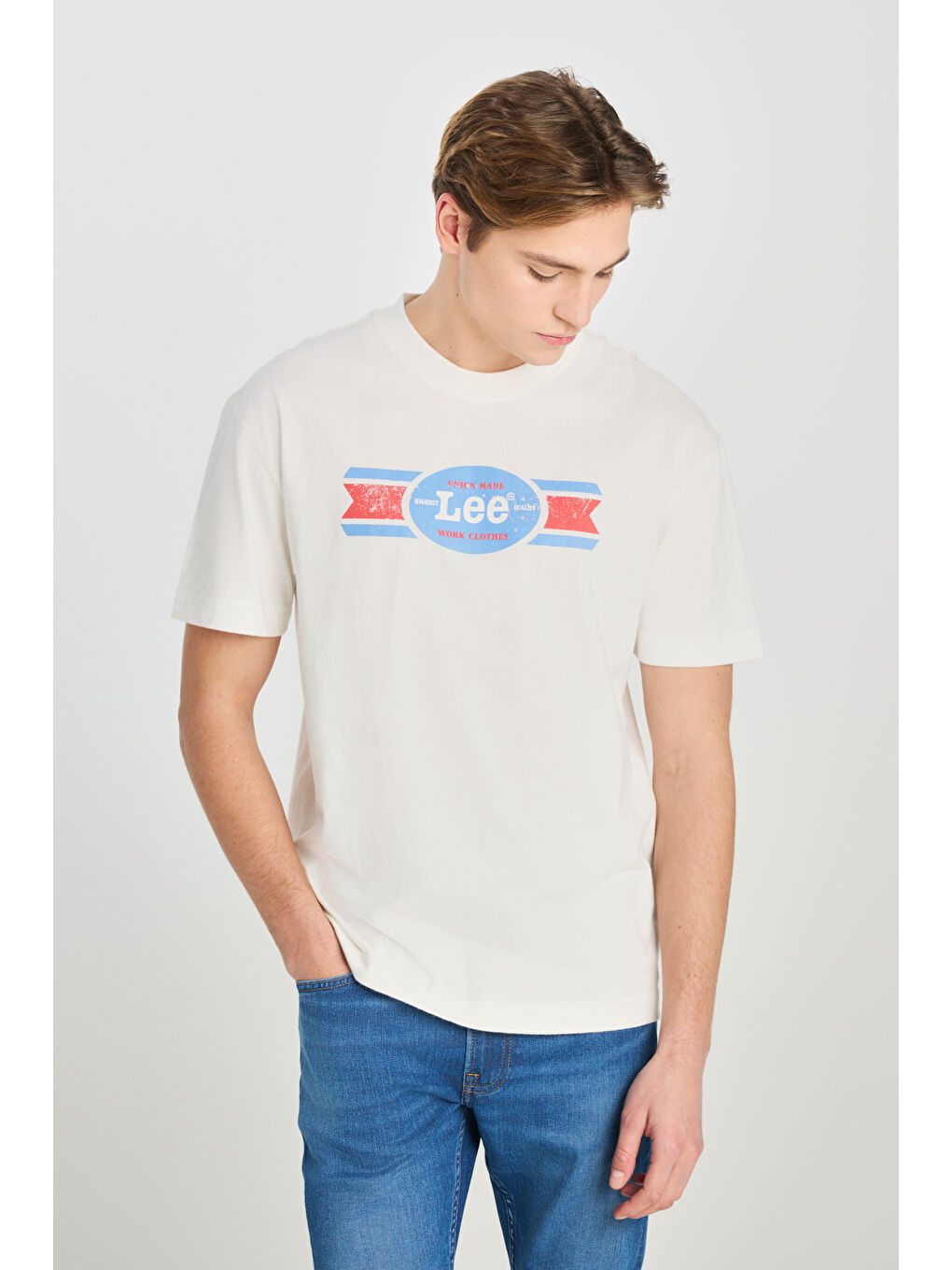 %100 Pamuk Relaxed Fit Geniş Kesim Bisiklet Yaka Baskılı Ekru Tişört-1