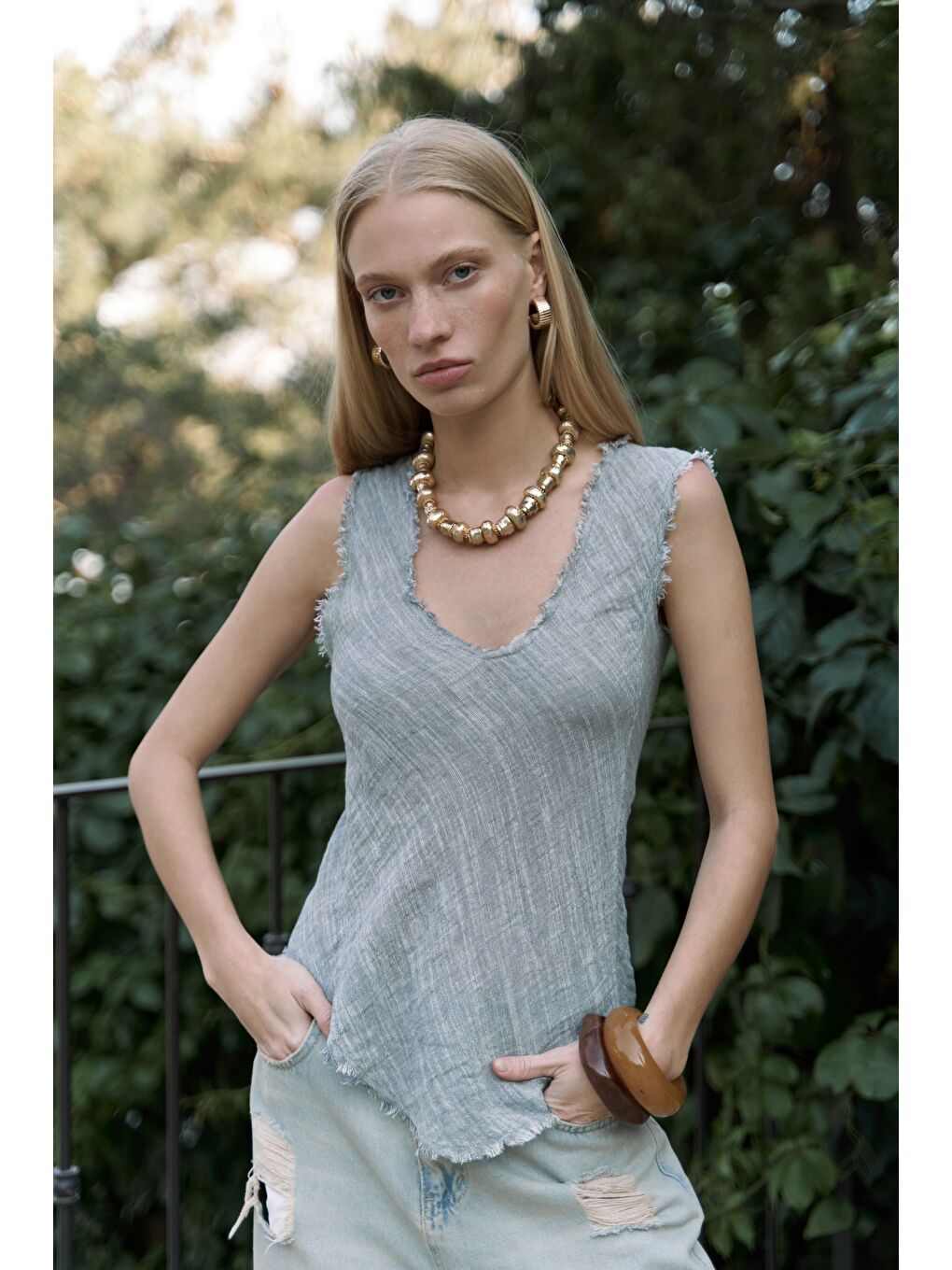 Gri Veilinas Asimetrik Füme Keten Crop-1