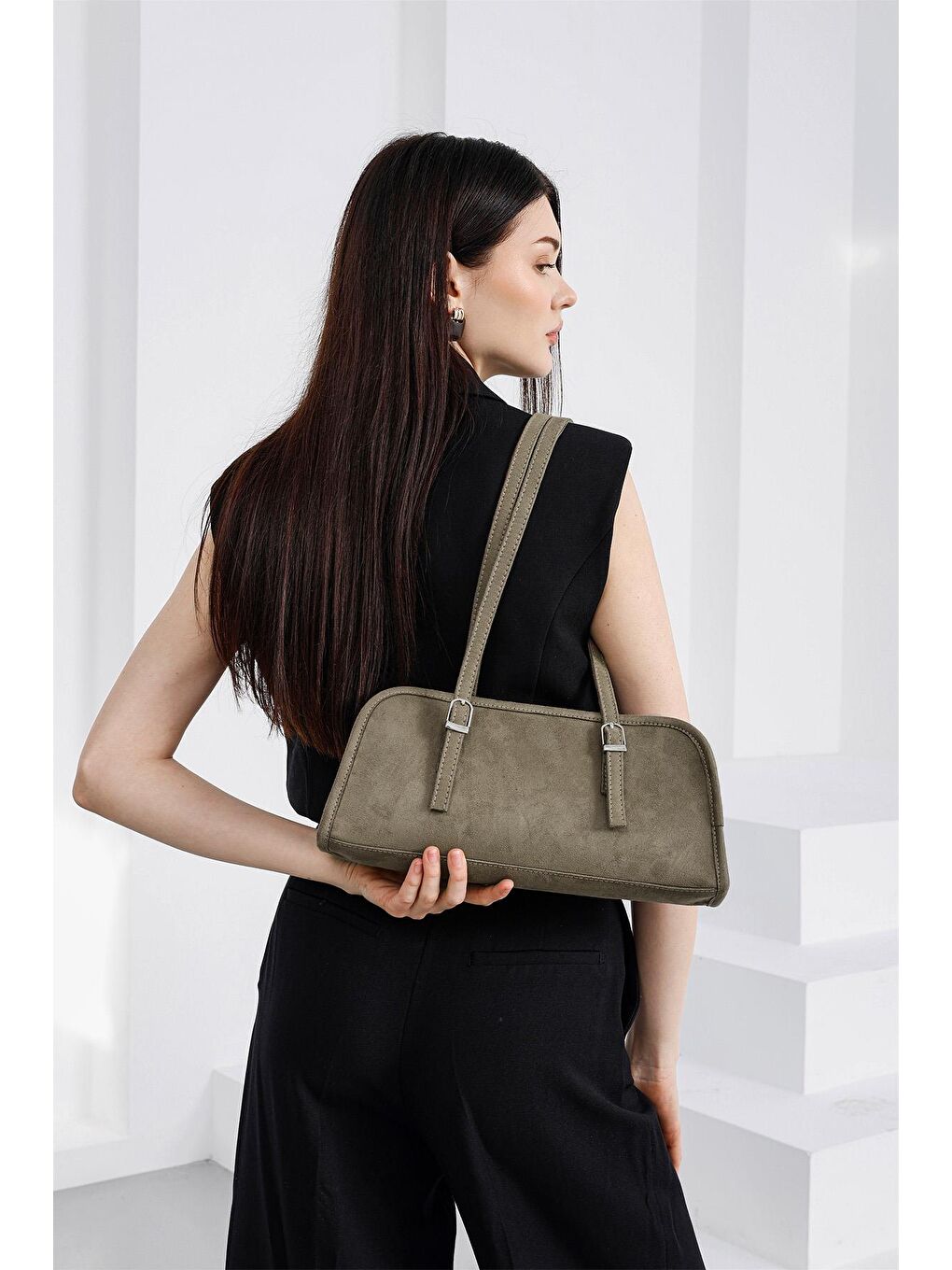 Bej Vanity Süet Baget Çanta Vizon-5