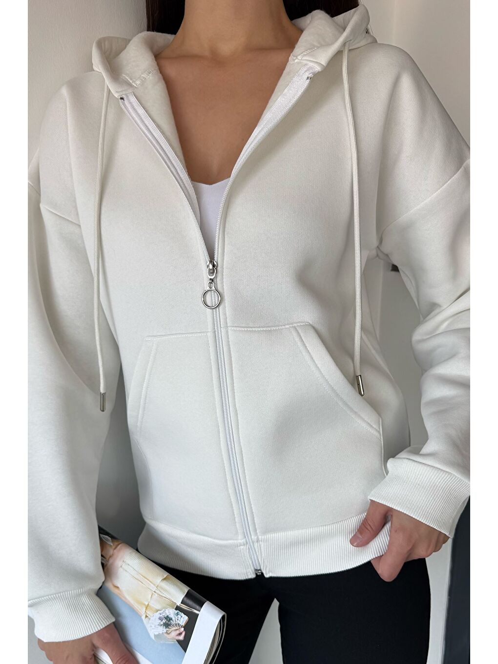 Ekru Kadın Üç İplik Şardonlu Kapüşonlu Sweatshirt-2