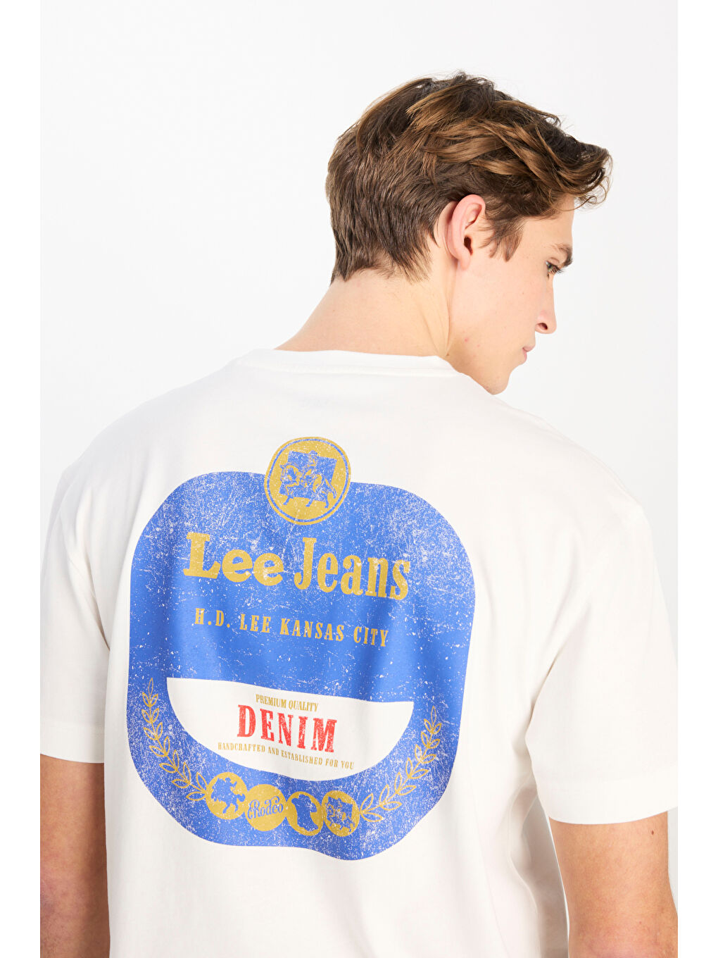 %100 Pamuk Relaxed Fit Geniş Bisiklet Yaka Baskılı Ekru Tişört-1