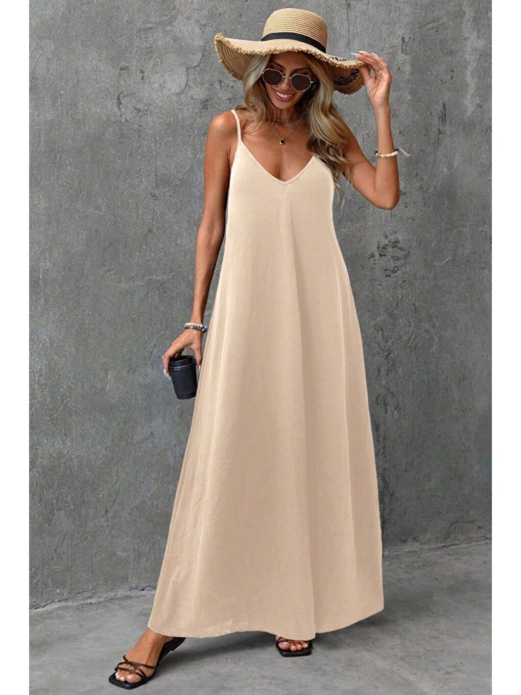 Bej İp Askılı Dokuma Kumaş Maxi Elbise-2