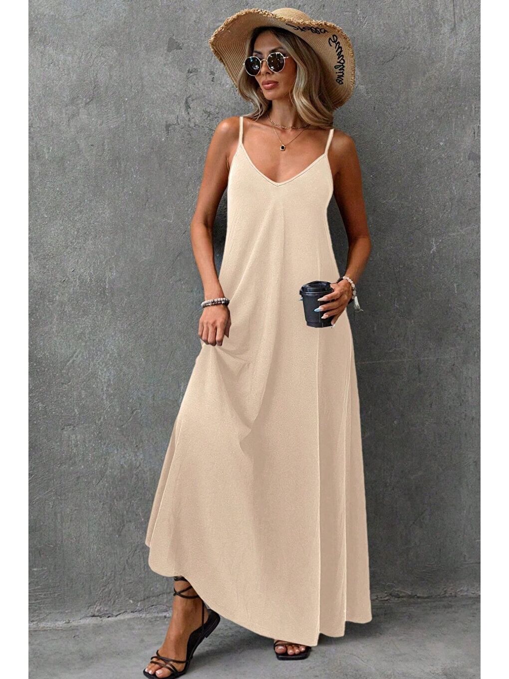 Bej İp Askılı Dokuma Kumaş Maxi Elbise-3