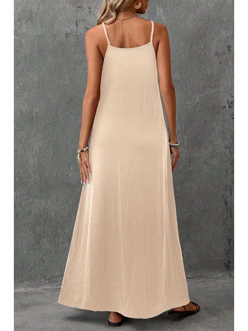Bej İp Askılı Dokuma Kumaş Maxi Elbise-4