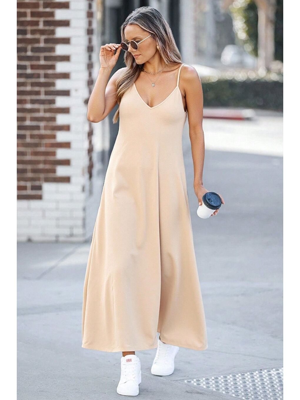 Bej İp Askılı Dokuma Kumaş Maxi Elbise-5