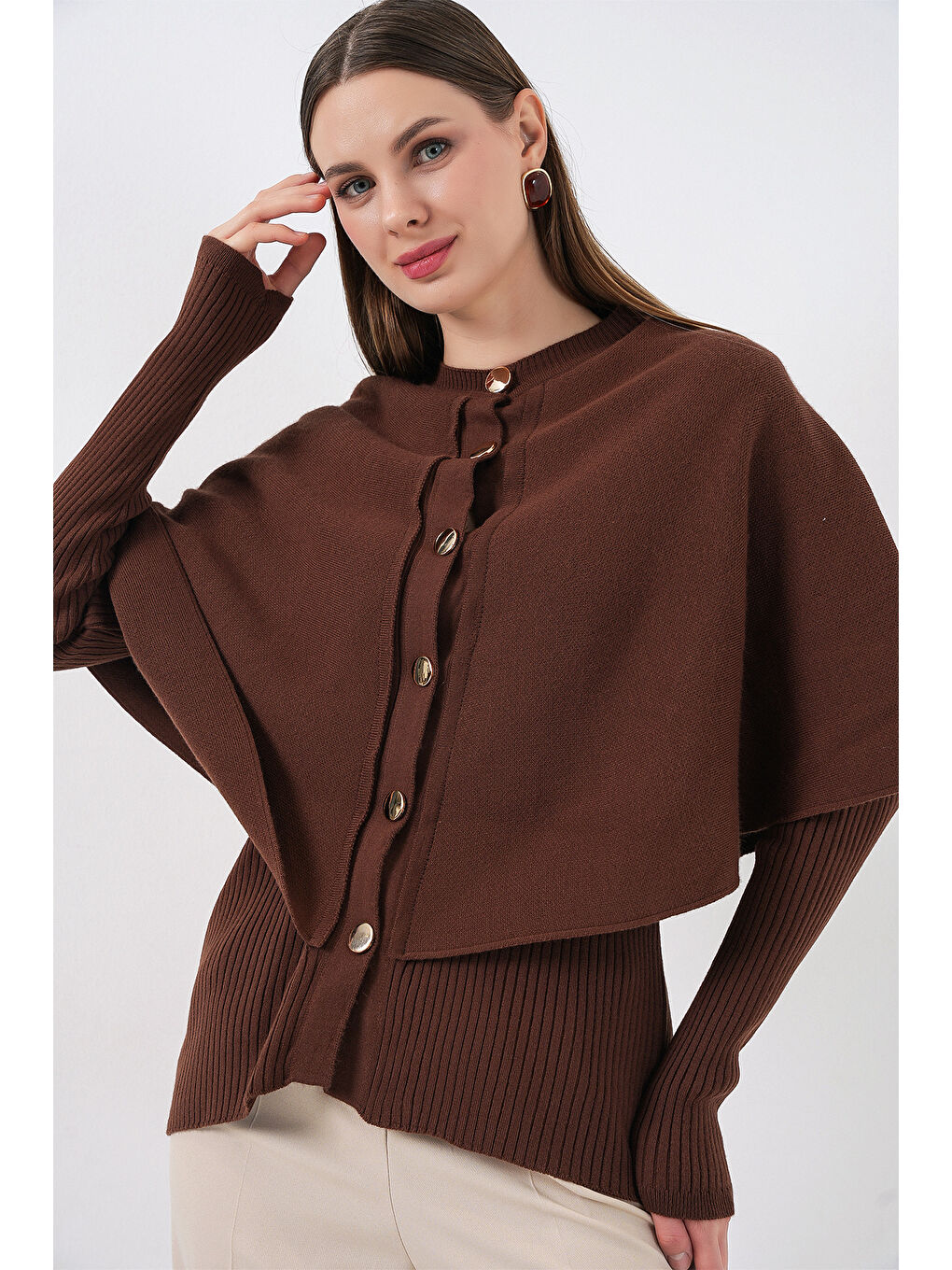 Kadın Pelerinli Triko Hırka 15967 - Kahverengi-2