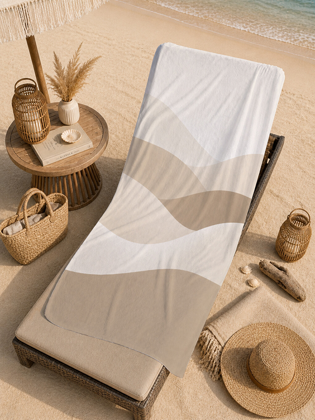 Bej Modern Vizon Krem Dalgalı Soyut Desenli 70x150 Plaj Havlusu - Dijital Baskılı Solmaz Banyo Havlusu-4