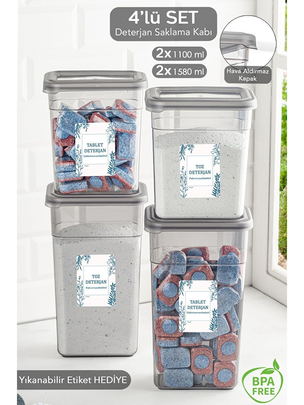 Gri 4 lü Etiketli Deterjan Saklama Kabı Seti   Hava Geçirmez Kapaklı Banyo Düzenleyici Saklama Kutusu