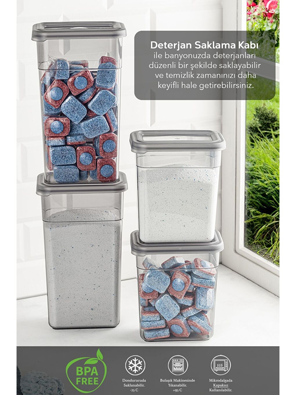 Gri 4 lü Etiketli Deterjan Saklama Kabı Seti   Hava Geçirmez Kapaklı Banyo Düzenleyici Saklama Kutusu-1