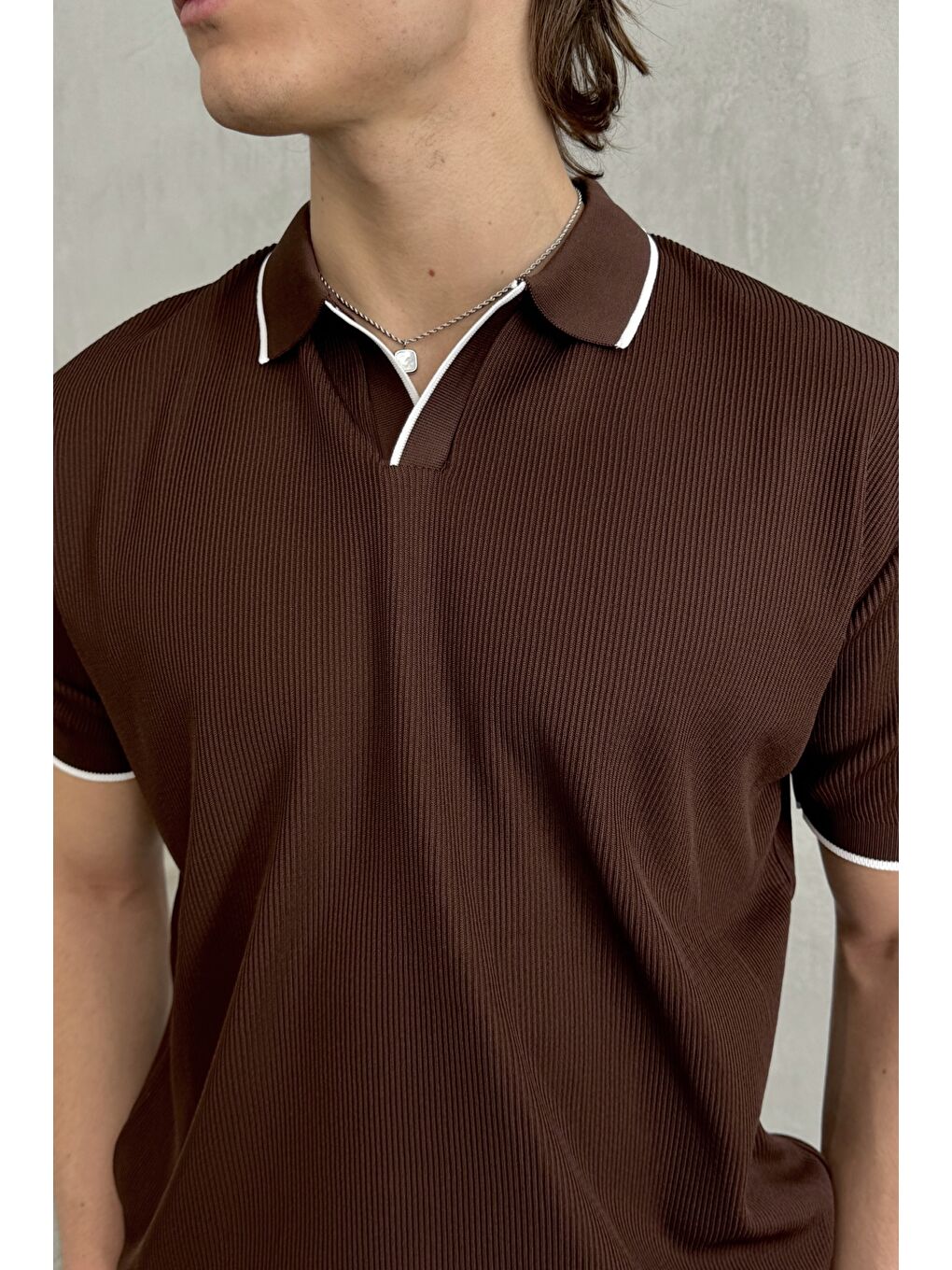 Kahverengi Erkek Oversize Selanik Polo Yaka Triko T-Shirt-2