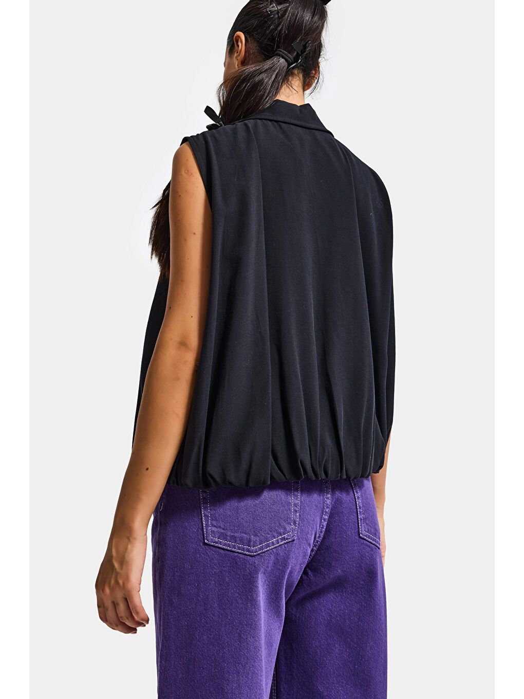 Kadın Siyah Renk s6-1 Balon Kesim Fermuarlı Bol Kesim Kumaş Yelek-2