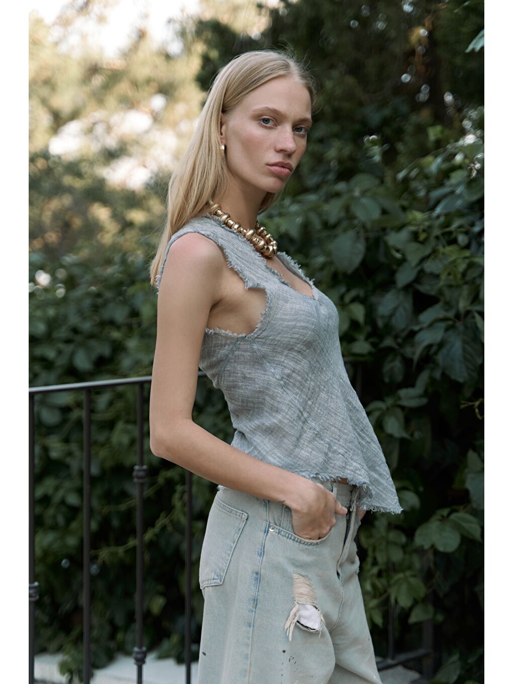 Gri Veilinas Asimetrik Füme Keten Crop-2