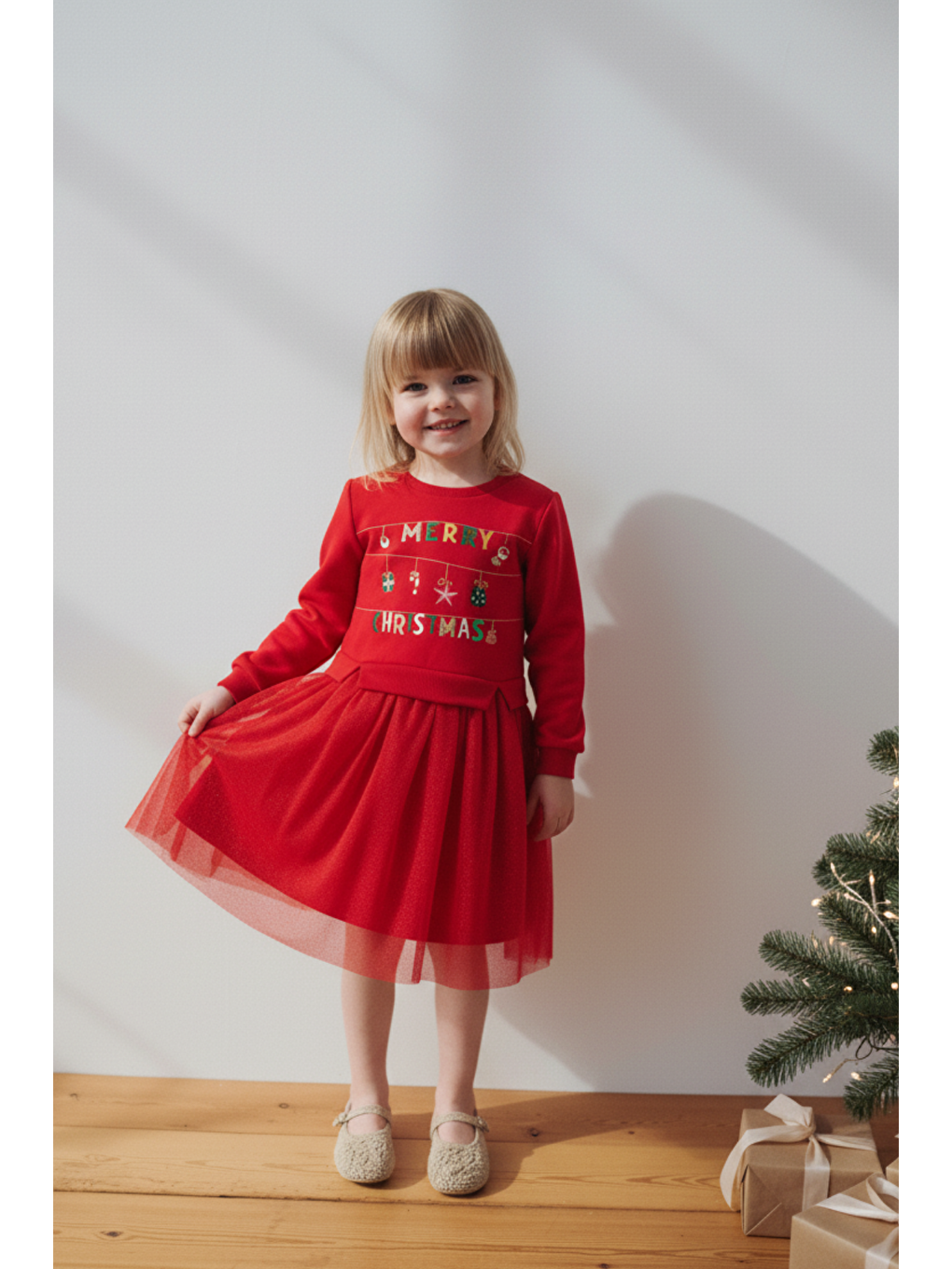 Kız Çocuk Pamuklu Kırmızı Yeni Yıl Temalı Tüllü Elbise