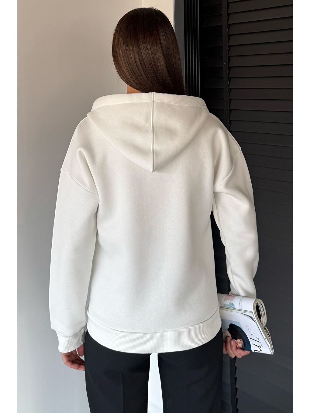 Ekru Kadın Üç İplik Şardonlu Kapüşonlu Sweatshirt-3