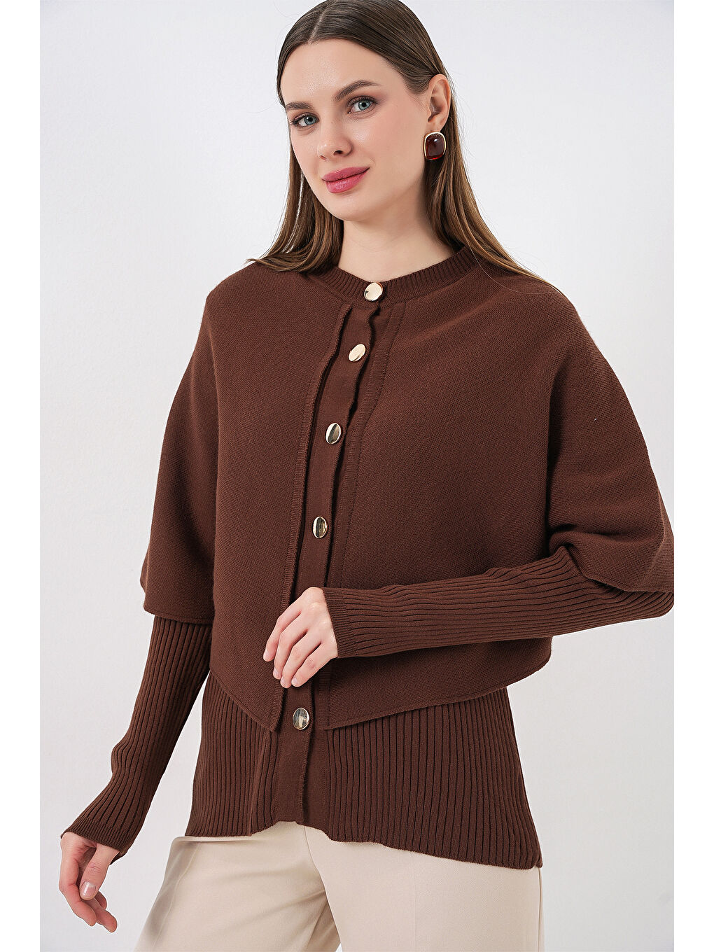 Kadın Pelerinli Triko Hırka 15967 - Kahverengi-3