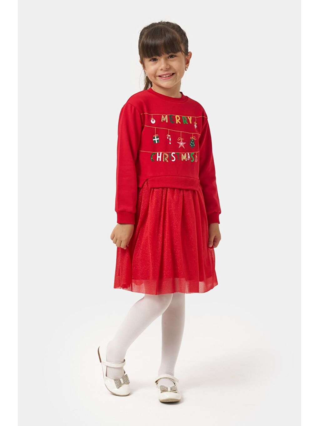 Kız Çocuk Pamuklu Kırmızı Yeni Yıl Temalı Tüllü Elbise-1