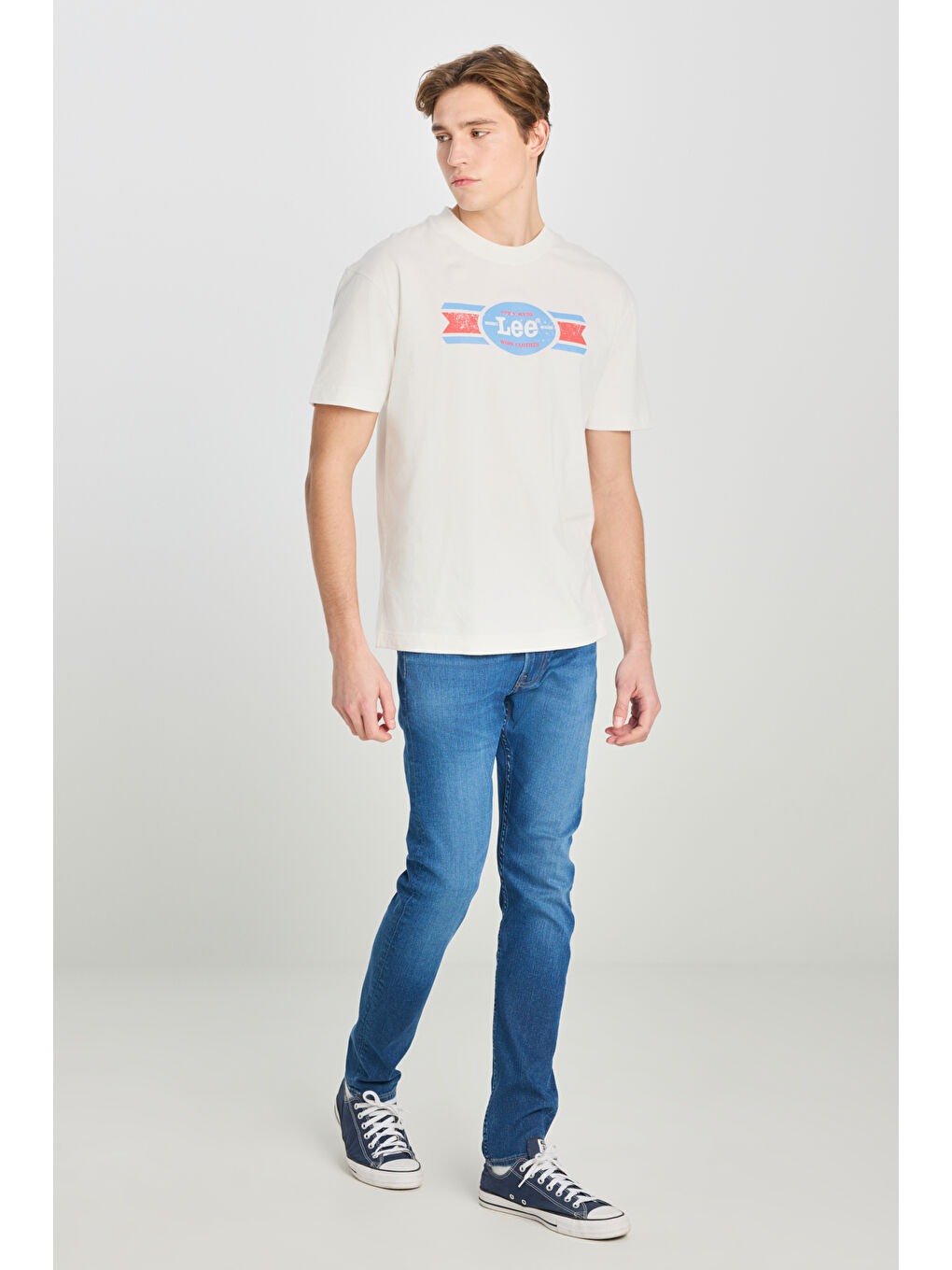 %100 Pamuk Relaxed Fit Geniş Kesim Bisiklet Yaka Baskılı Ekru Tişört-2