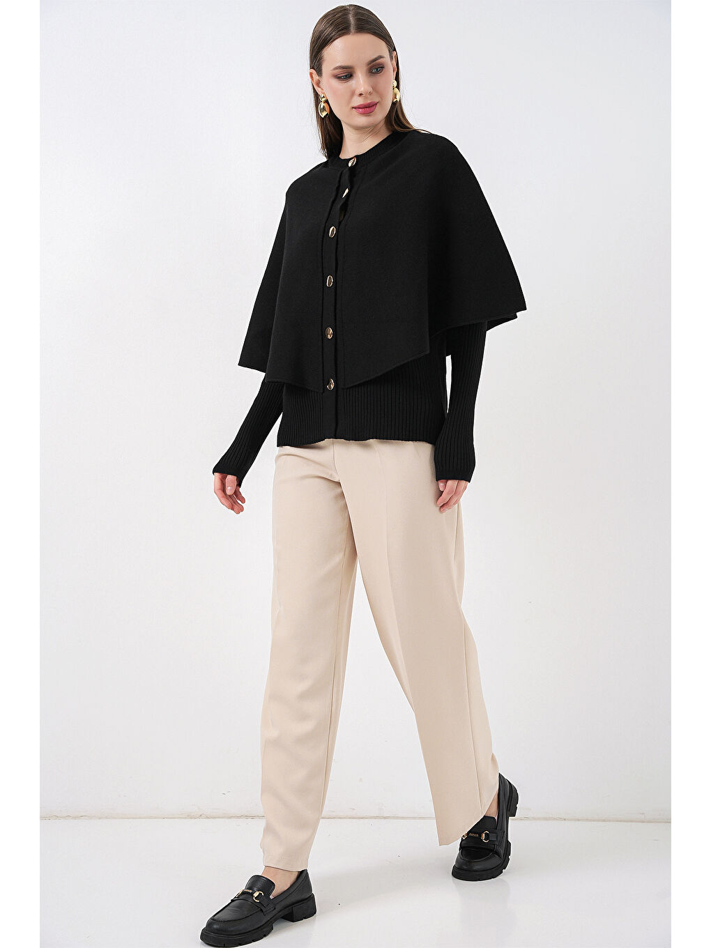 Kadın Pelerinli Triko Hırka 15967 - Siyah-1