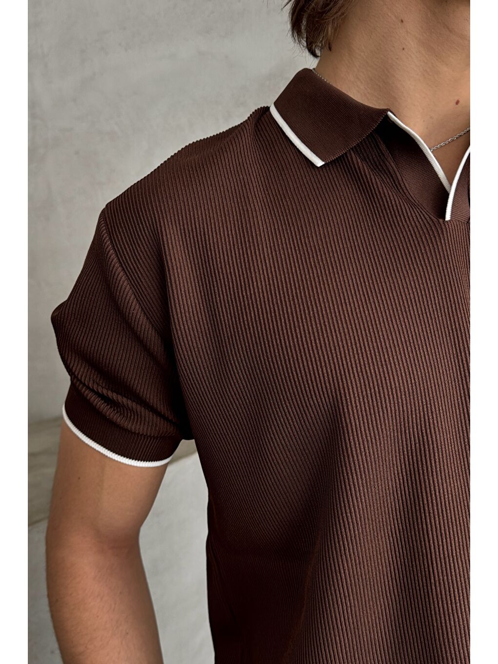 Kahverengi Erkek Oversize Selanik Polo Yaka Triko T-Shirt-3