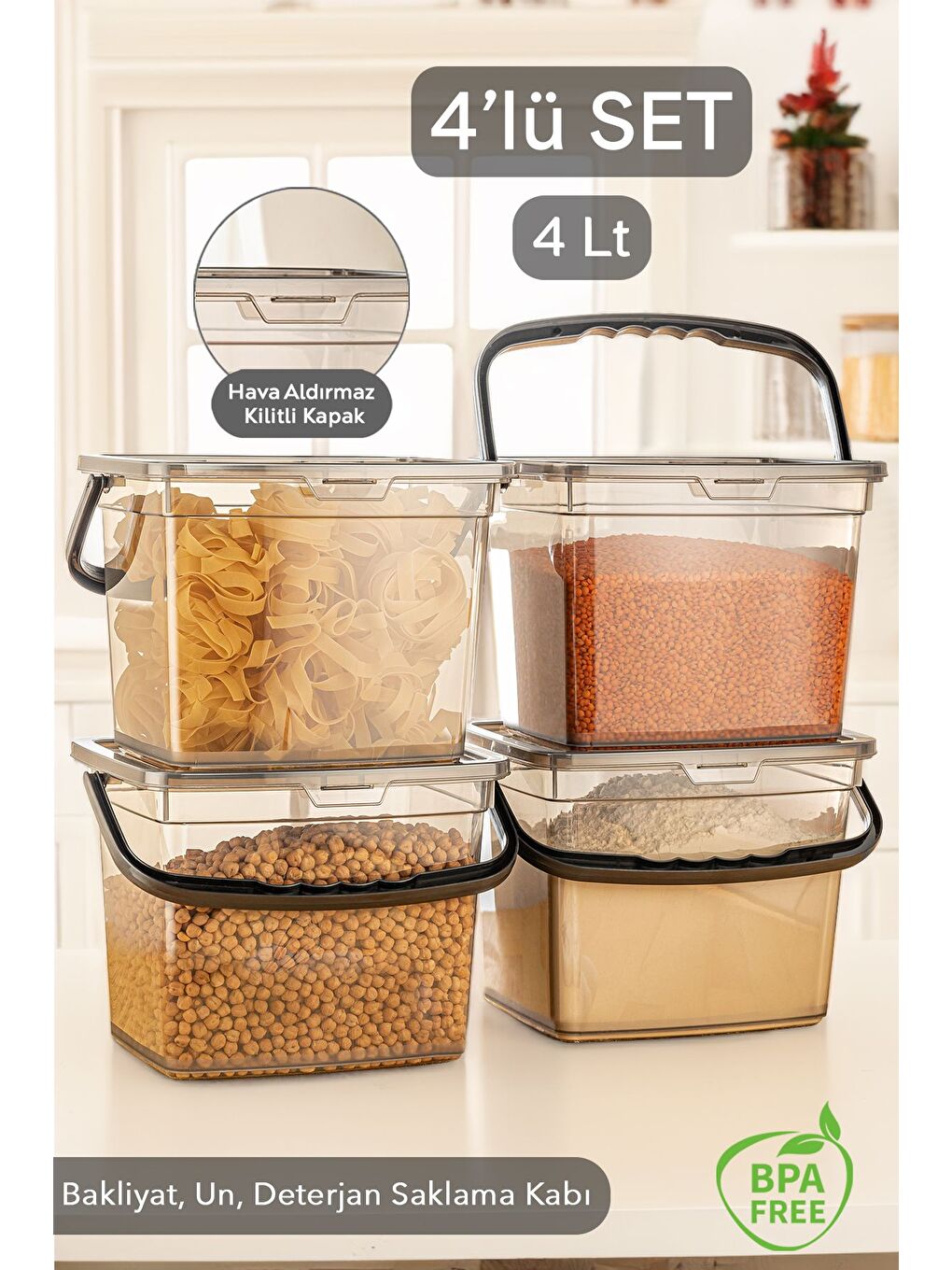 Gri 4 Parça Deterjan   Un ve Bakliyat Saklama Kabı Erzak Saklama Kutusu Platin 4 x 4 Lt
